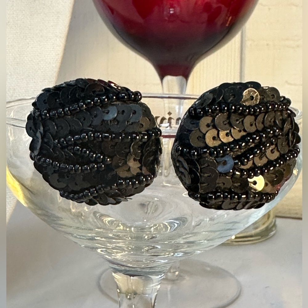 Unique vintage black sequin button style earrings